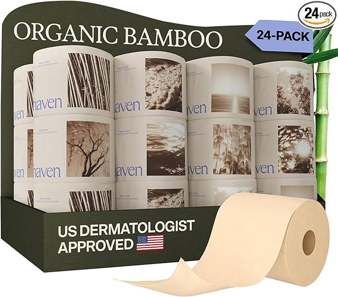 Haven Unbleached Bamboo Toilet Paper with Plastic Free Packaging, 3-Ply, 24 Rolls, 300 Sheets per Roll - FSC Certified, PFAS-Free, Tree Free Plant Based Toilet Paper, Non Toxic, Septic Safe, BPA-Free