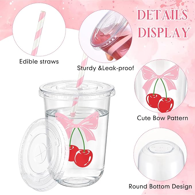 LemonRoad 50sets 16oz Pink Cherry Bow Cups Pink Birthday Party Decorations Supplies Cute Plastic Cups Disposable with Lids and Straws for Valentines Galentines Day Christmas Wedding Baby Shower