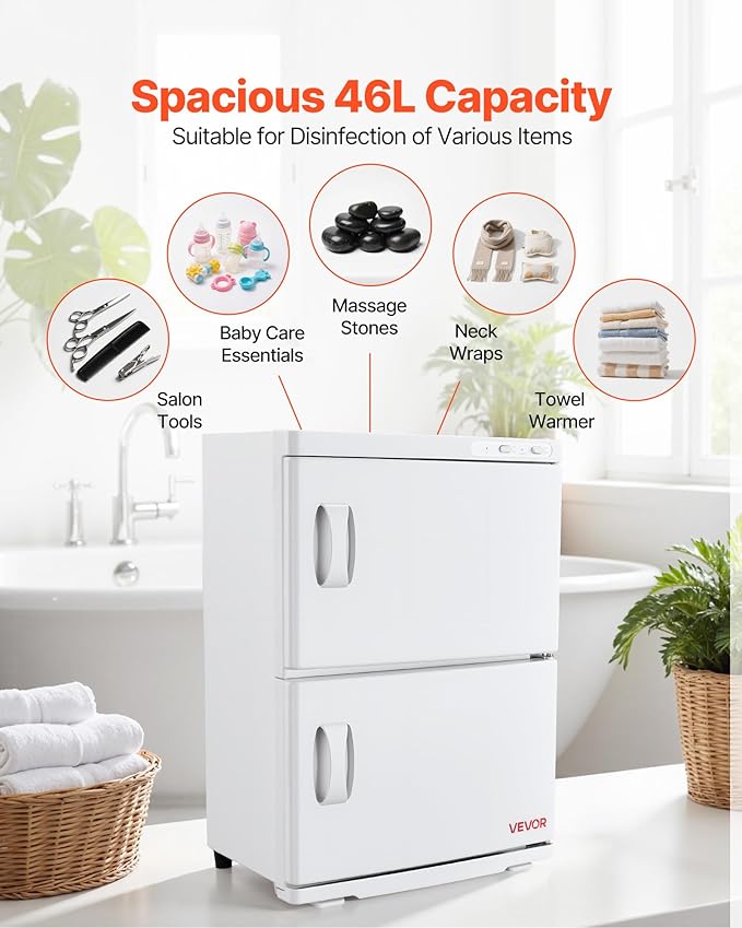 VEVOR Hot Towel Warmer, 46L Large Capacity 2-Tier Towel Warmer Cabinet with Clip & 4 Stainless Steel Racks, Holds up 48 Towels, All-Round Heating Cabinet for Spa, Barber, Manicures, Massage, Salon