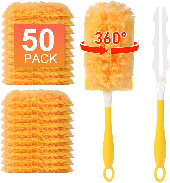 50 Count Duster Refill for Swiffer Duster with 1 Handle - 360° Multi-Surface Larger Size Feather Dusters, Disposable Duster Kit for Cleaning Home, Furniture, Blinds and Ceiling Fans