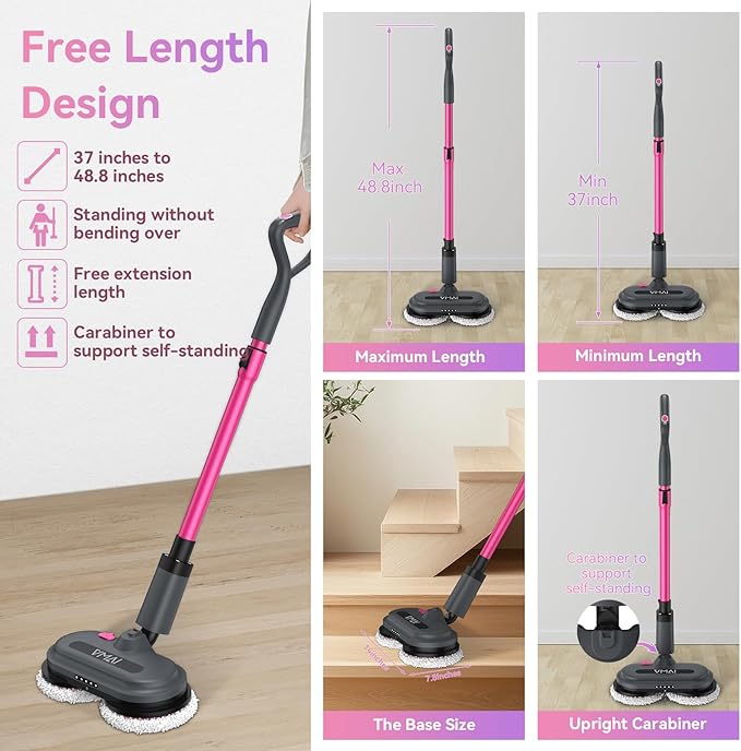 VMAI Cordless Electric Mop for Floor Cleaning,Water Sprayer Spin Mop with 300ML Water Tank,LED Lighting and Removable Battery,Up to 60mins Working Time for Hardwood Tile Laminate Marble Floor(Rose)