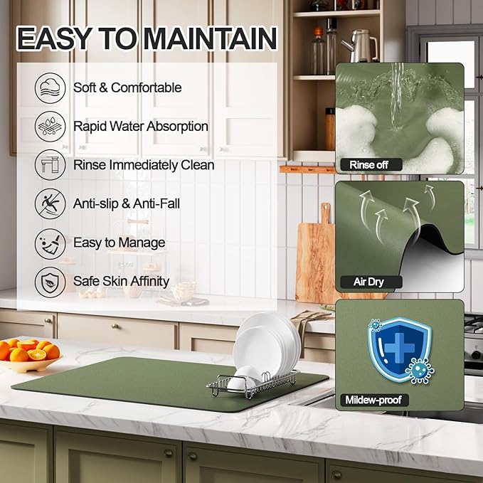 Ecotrim - Dish Drying Mat for Kitchen Counter | Coffee Bar Mat for Countertops | Heat Resistant Drainer Mat with Non-slip Rubber Backed | Hide Stain Kitchen Absorbent Draining Mat | Green 16"x24"