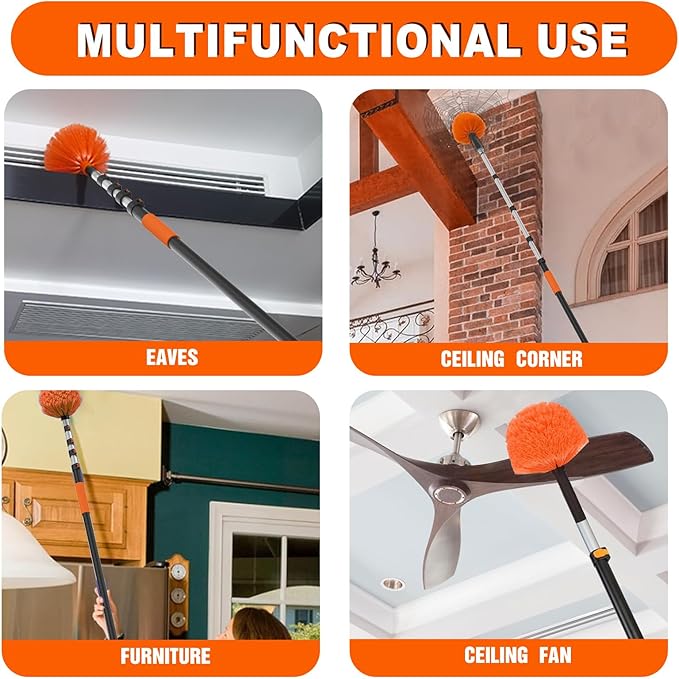 SISUPASSIE 36FT Reach Cobweb Duster with Extension Pole, High Ceiling Long Duster with 7-30FT Telescoping Pole, Spider Web Brush for Indoor Outdoor Use