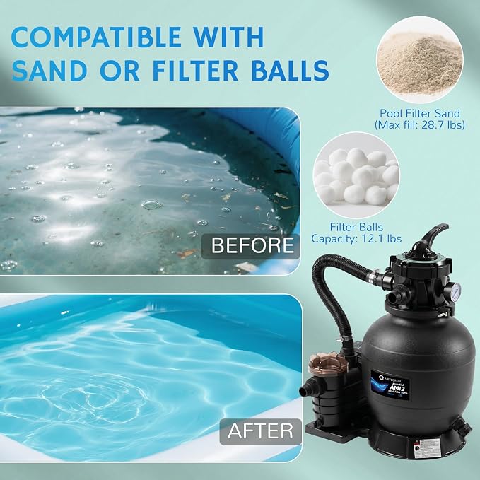 Airthereal AquaMind AM12 Sand Filter Pump for Above Ground Pool, 12" Pool Sand Filter System with Timer, ½ HP Motor, High-Flow 2,642 GPH, 7-Way Valve, Reliable Motor for Pools Up to 9,000 Gallons
