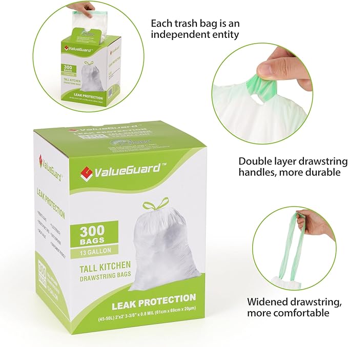 ValueGuard Large Trash Bag 13 Gallon Tall Drawstring 100% Post-Consumer Recycled Garbage Bag Waste Bag for Kitchen Office 0.8 Mil (300 Count)