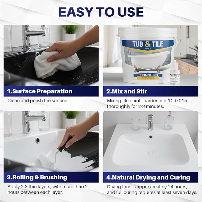 Tub and Tile Paint Refinishing Kit, 70oz Bathtub Refinishing Kit with Tools, DIY Tub Paint White for Bathtub, Shower, Kitchen Countertop, Porcelain, Easy to Cover & Low Odor