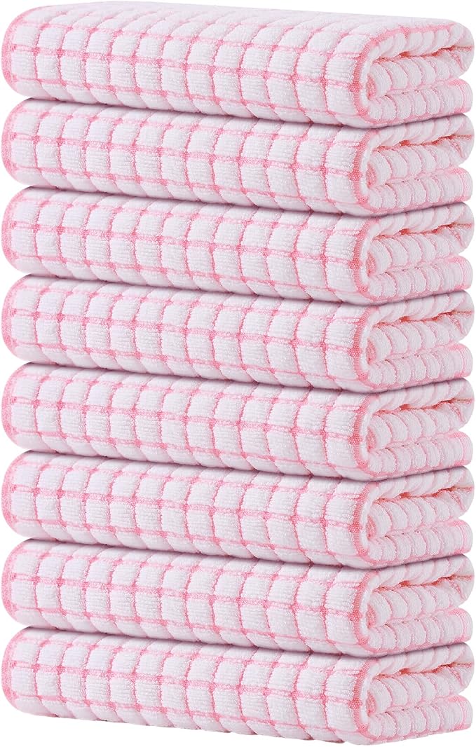 Kitinjoy Cotton 8 Pack Terry Kitchen Towels, 16 x 25 Inches Super Soft and Absorbent Dish Towels, Quick Drying Hand Towels for Kitchen Drying, Pink