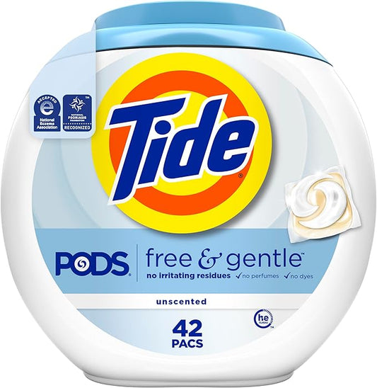 Tide Pods Free & Gentle Laundry Detergent Soap Pacs, 42 Count, Tide Pods Laundry Detergent (Packaging May Vary)