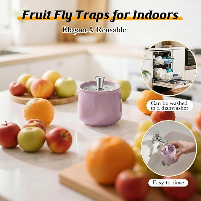 Ceramic Fruit Fly Trap for Indoors, Reusable Kitchen Fly Catcher with Stainless Steel Vent Lid, Uses Safe & Natural Vinegar Bait Trap, Dishwasher Safe, Easy to Use(Purple,1 Pack)