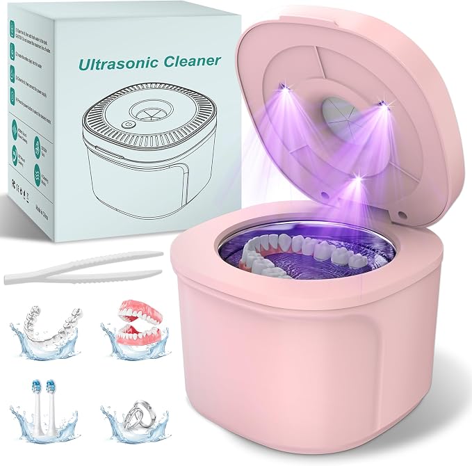 Ultrasonic Retainer Cleaner, Dental Cleaning Pod with U-V Lights, 45kHz Retainer Cleaner Machine for Dentures, Toothbrush Heads, Jewelry, Aligner, Night Mouth Guards (Pink)