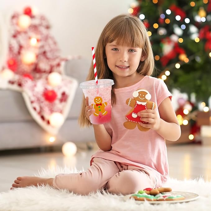 Whaline 50 Pcs Christmas Disposable Plastic Cups with Lids and Straws 12 oz Party Cups Gingerbread Man Cold Beverage Drinking Cups for Xmas Holiday Party Supplies