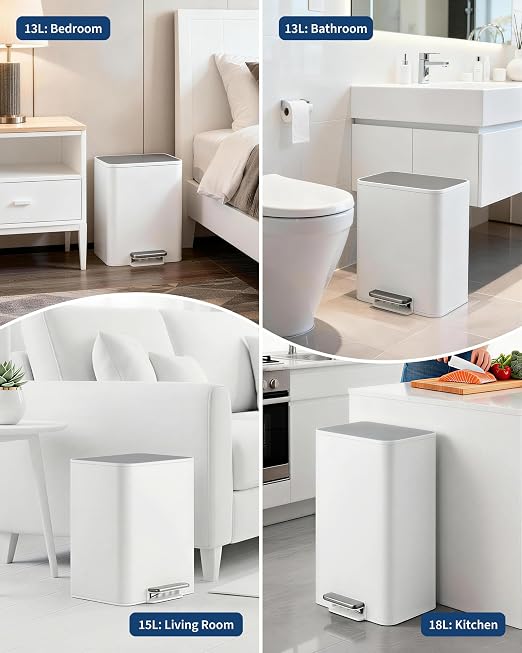 GarveeHome 4 Gallon Trash Can, Rectangular Stainless Steel Waste Bin with Quiet Foot Pedal, Soft-Close Lid & Removable Bucket, Space-Saving Design Garbage Can for Bedroom, Living Room, White
