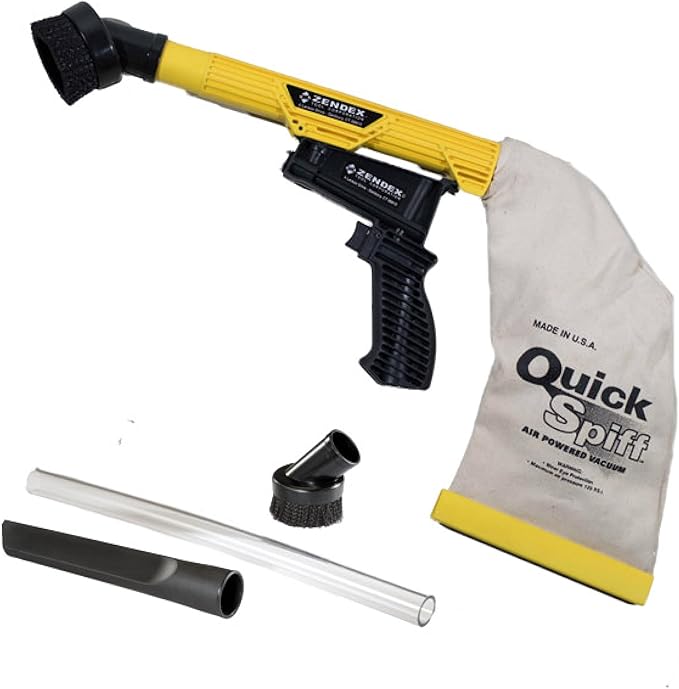 Zendex Tool - QuickSpiff Venturi Air Vacuum with Easy Empty Dust Bag - No Electricity Pneumatic Vacuum with Powerful Suction for Industrial and Personal Use - Yellow