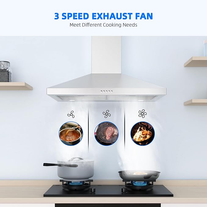 FIREGAS Range Hood 30 Inch, Stainless Steel Wall Mount Kitchen Hood 450 CFM with 3 Speed Exhaust Fan, Ducted/Ductless Convertible, Stove Vent Hood with Aluminium Mesh and Charcoal Filters