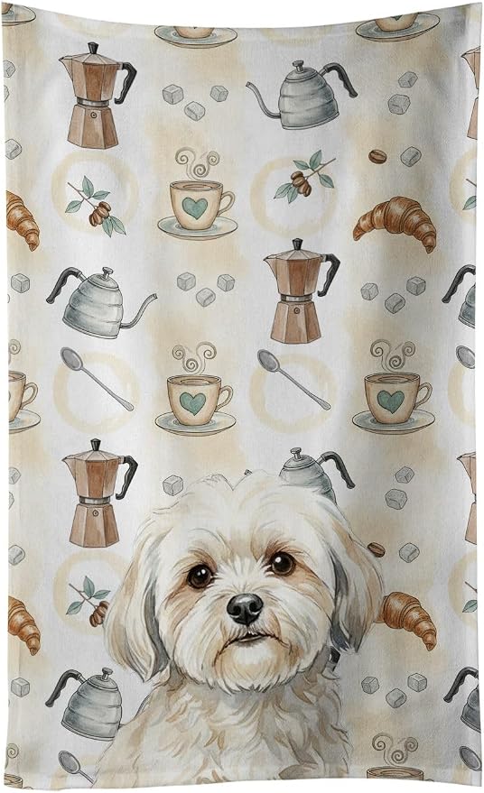Caroline's Treasures White Lhasa Apso Coffee Bar Kitchen Towel Velour Plush Front and Cotton Loop Back Machine Washable