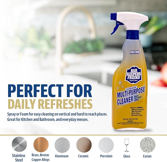 Bar Keepers Friend Spray + Foam Multipurpose Cleaner, 25.4 oz x 2, Surface Cleaner Removes Rust Stains, Mineral Deposits, Soap Scum, Grime & Tarnish