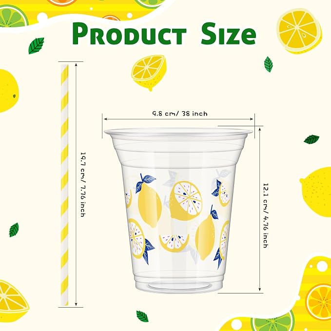 Umigy 100 Pack Plastic Disposable Cups with Lids and Straws 12 oz Disposable Cups for Juice Water Coffee Summer Party Sports Party Supplies (Lemon)