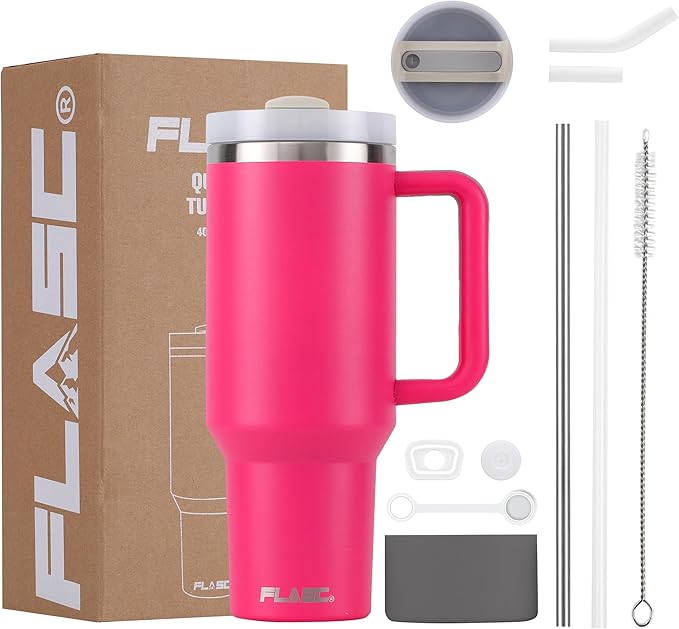 FLASC 40 oz Tumbler With Handle | 100% Leakproof Insulated Tumbler With Lid and Straw | Includes ALL Accessories: Stainless Steel Straw, Silicon Boot, Straw Cover & Cleaner (Hot Pink)