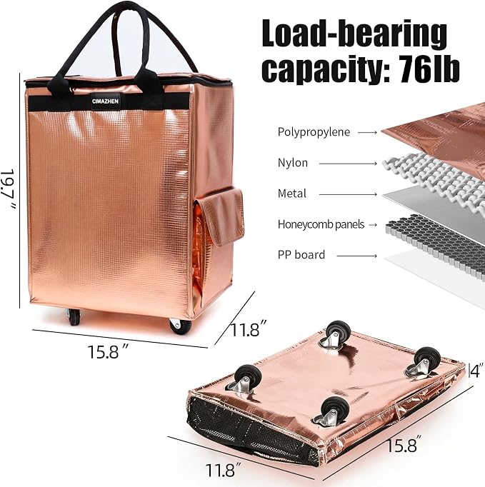 (Small,Rose Gold) Reusable Grocery Bag on 4 Wheels, 60L Foldable Rolling Tote Bag with 3 Handles and Zipper, Rolling Shopping Cart for Groceries, Storage, Laundry, Travel, Organizer, 66lb