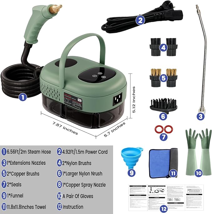 Steam Cleaner, Portable Pressurized Steamer for Cleaning with 14pcs Accessories, 6-Level Adjustable and 15s Heat-Up, Handheld Steam Cleaner for Home, Tile, Dirt, Grout, Grease, Car Detailing(7-Green)