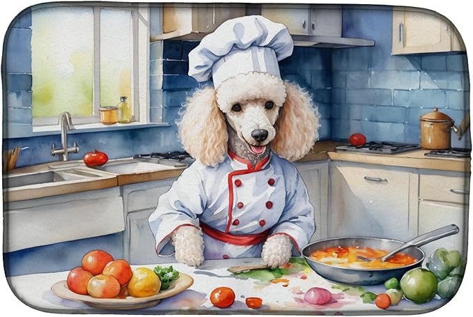 Caroline's Treasures DAC6307DDM White Poodle The Chef Dish Drying Mat Absorbent Dish Drying Mat Pad for Kitchen Counter Dish Drainer Mat for Countertop, 14 x 21", Multicolor