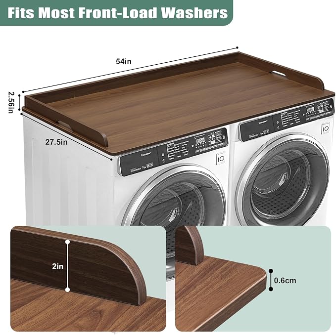 Washer Dryer Countertop, 54 x 27.5 Inch Washer Dryer Topper, Laundry Topper for Washer and Dryer, No Installation MDF Top with Raised Edge, Walnut
