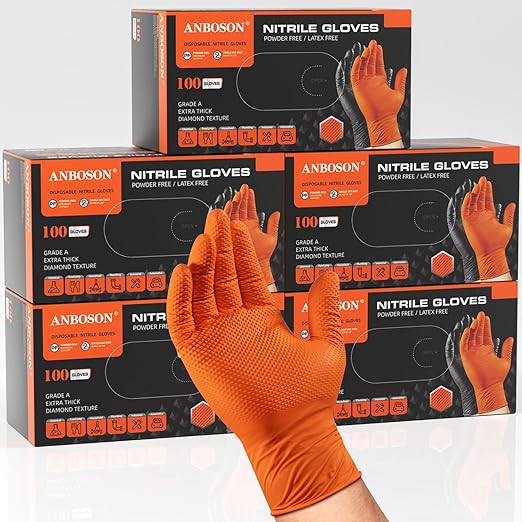ANBOSON 10mil Nitrile-Gloves Disposable-Orange Chemical-Resistant Rubber - Mechanic Gloves Heavy Duty, Latex Free, Diamond Grip (500, Medium)