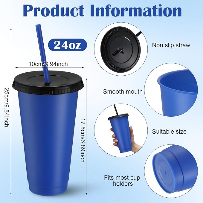 Honeydak 30 Pack Tumbler with Straw and Lid Bulk Cups for Gifts Water Bottle Iced Coffee Travel Mug Cup Reusable Plastic Tumblers for Party Birthdays 24-27 oz (Dark Blue and Black Color)