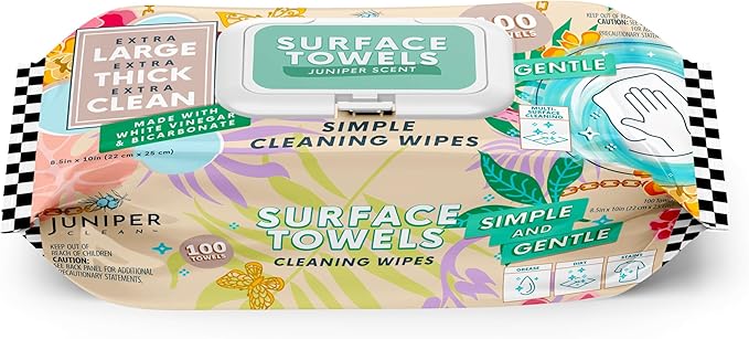 Juniper CLEAN Single Surface Cleaning Wipes Bleach Free, Thick & Large Dispose, All-Purpose Cleaner for Bathroom, Kitchen, Office, 100 Count Soft Flow, Biodegradable, Juniper Scent
