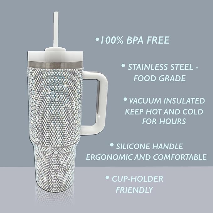 40oz Bling Tumbler with Handle and Straw Lid Rhinestone Studded Tumbler Cups Vacuum Insulated Stainless Steel Double Wall Water Bottle Travel Mug Gifts for Women Her (Polar Light)