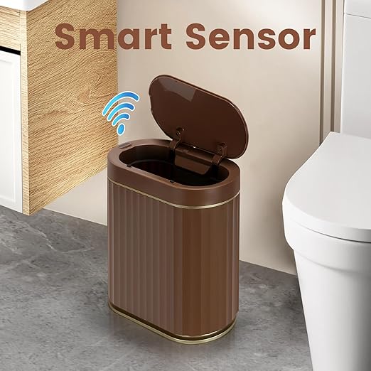 ELPHECO Bathroom Motion Sensor Trash can, 2 Gallon Automatic Garbage Can, Slim Plastic Smart Trash Can with Lid, Commercial Intelligent Trash Bin for Bedroom, Bathroom, Office, Brown Gold
