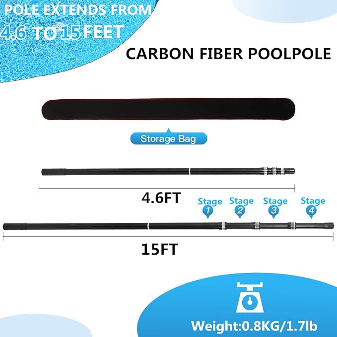 pool pole-Swimming pool pole carbon fiber, pool skimmer carbon fibre, Telescopic swimming pool cleaning rod, advanced adjustable telescopic rod, used for skimming nets, vacuum heads (15 Feet)