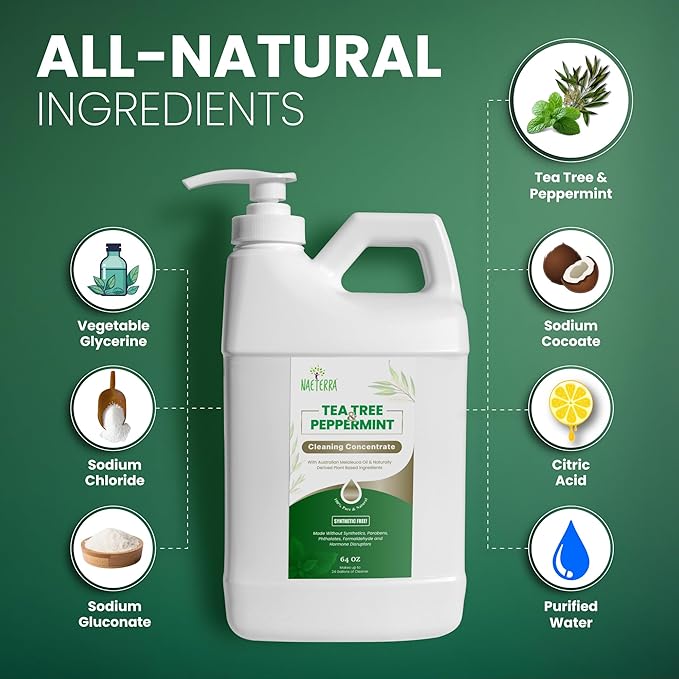 Naeterra- Refreshingly Clean | Tea Tree & Peppermint Cleaning Concentrate | Multi-Purpose Household Cleaner | Non-Toxic | Natural Ingredients | Versatile Use | Eliminates Odors | Eco-Friendly | 64 oz