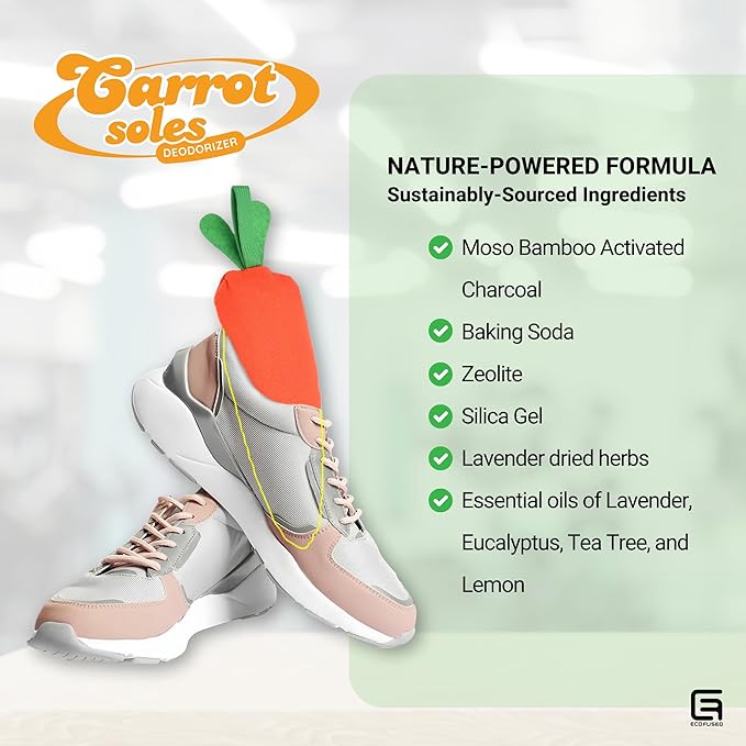 ECO-FUSED Carrotsoles 2 Pack Shoe Deodorizer Odor Eliminator for Shoes, Cleats, Closets, Drawers, Gloves - Moisture Absorber, Air Freshener, Air Purifier Moso Bamboo Activated Charcoal - Reusable