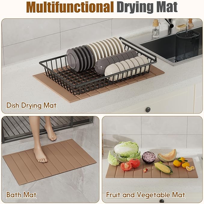 Dish Drying Mat，Stone Drying Mat for Kitchen Counter，Heat Resistant and Super Absorbent Foldable Bath mats,Made of Diatomaceous Earth and Leather.24.8"×15.7" Brown