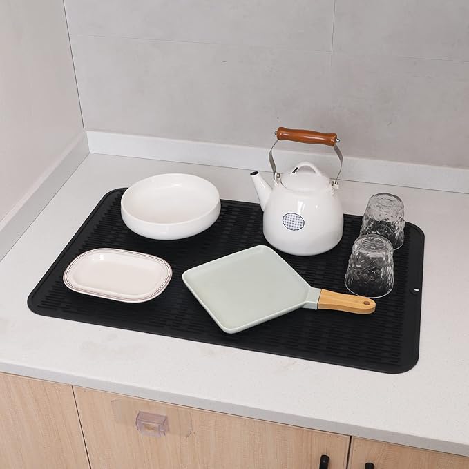 MicoYang Silicone Dish Drying Mat for Multiple Usage,Easy clean,Eco-friendly,Heat-resistant Silicone Mat for Kitchen Counter or Sink,Refrigerator or Drawer Liner Black 3XL 28 inches x 18 inches