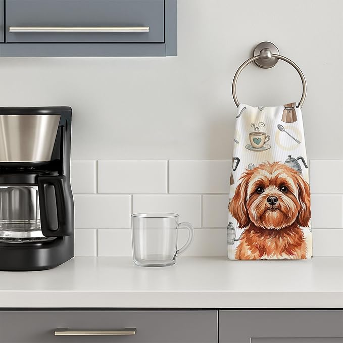 Caroline's Treasures Red Lhasa Apso Coffee Bar Kitchen Towel Velour Plush Front and Cotton Loop Back Machine Washable