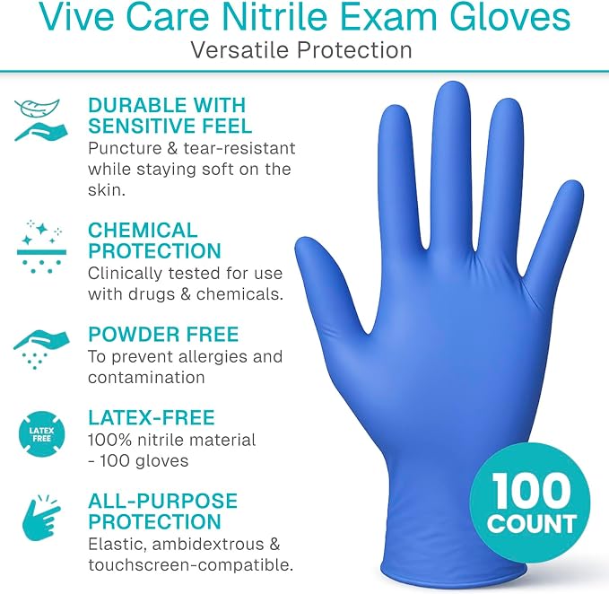 Vive Powder Free Nitrile Exam Gloves - Blue, Disposable, Latex-Free - For Medical Exams