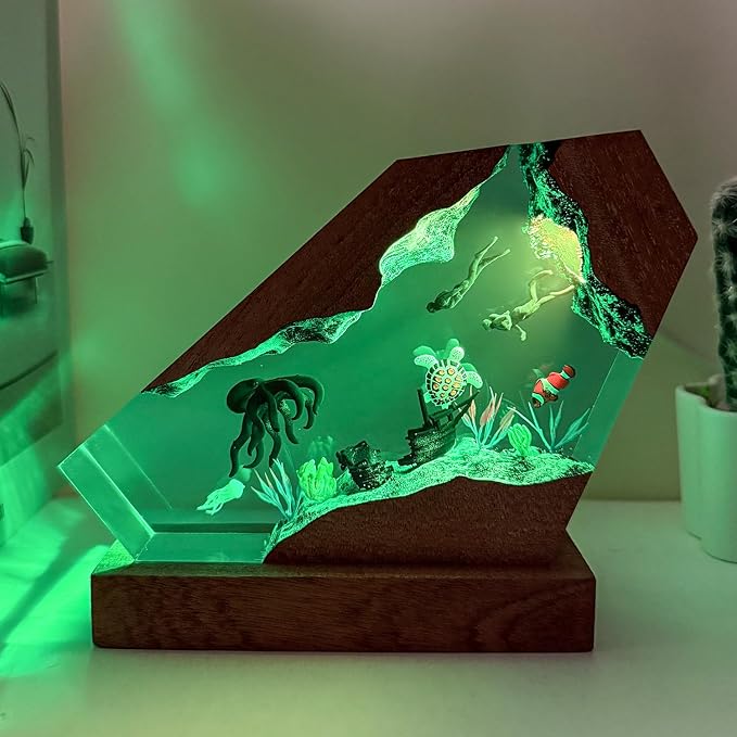 Handcrafted Octopus Resin Lamp, RGB Ocean Night Light with Wooden Base,Ocean Decor for Home Office, Scuba Diving Gifts for Him & Her, Unique Birthday & Valentine's Day Gifts (L 10"X6")