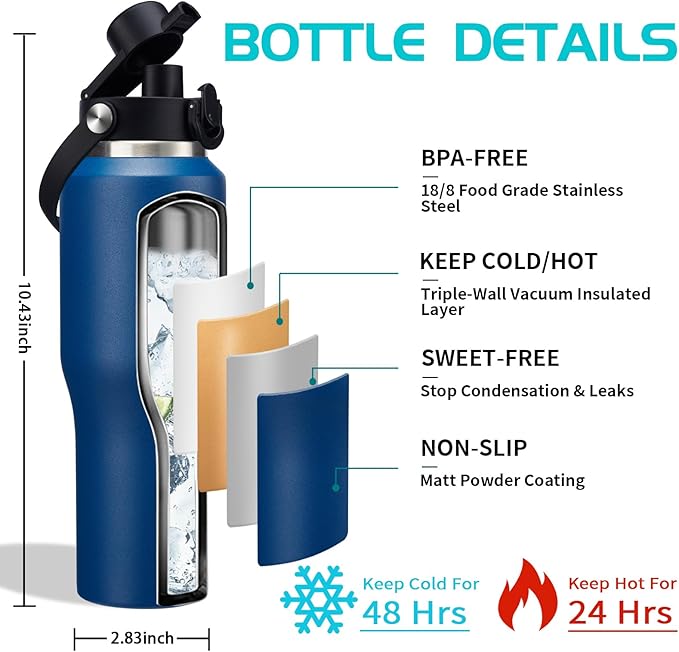 32oz Insulated Water-Bottle with Straw - Carrier Strap Bag, Keeps Cold 48h & Hot 24h, Metal Water Bottles 32 oz Cups with Lids for Gym/Hiking
