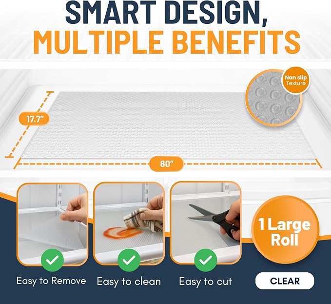 Refrigerator Liners for Shelves by Linda’s Essentials - Easy to Clean Fridge Liner with Spill Protection Fridge Shelf Liners & Drawer Liner, Nonslip BPA-Free Refrigerator Mats (Clear Roll)