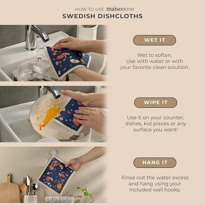 MAISONOVO Swedish Dishcloths for Kitchen | Reusable Paper Towels with Hook | Reusable Paper Towels Washable | Swedish Dishcloth Reusable Paper Towel | Kyoto Fish - Pack of 2