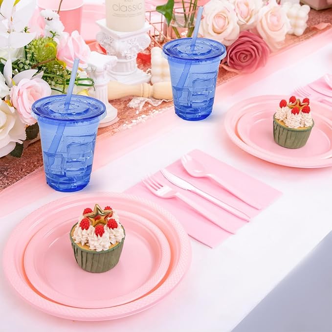 100 Set Blue Plastic Cups with Lids and Straws 12 oz Disposable Drinking Clear Cups for Wedding Blue Birthday Party Supplies