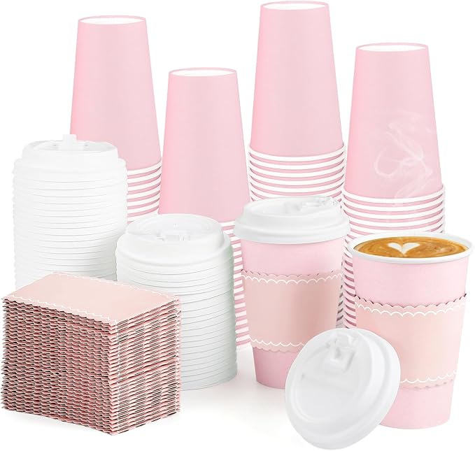 NatNarr 60 Pack Pink Coffee Cups with Lids Sleeves, 12oz Insulated To Go Paper Cups Pink Party Cups Disposable Paper Cups, Drinking Cups for Wedding Birthday Baby Bridal Shower Party Supplies