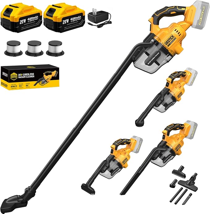 Cordless Vacuum Cleaner with 2x4.0A Battery&Quick Charger | 50kPa 125AW Strong Suction | 3 HEPA Filters | 4-in-1 Nozzle | 65CFM Powerful Brushless Handheld Vaccum for Home, Car, Pet, Shop