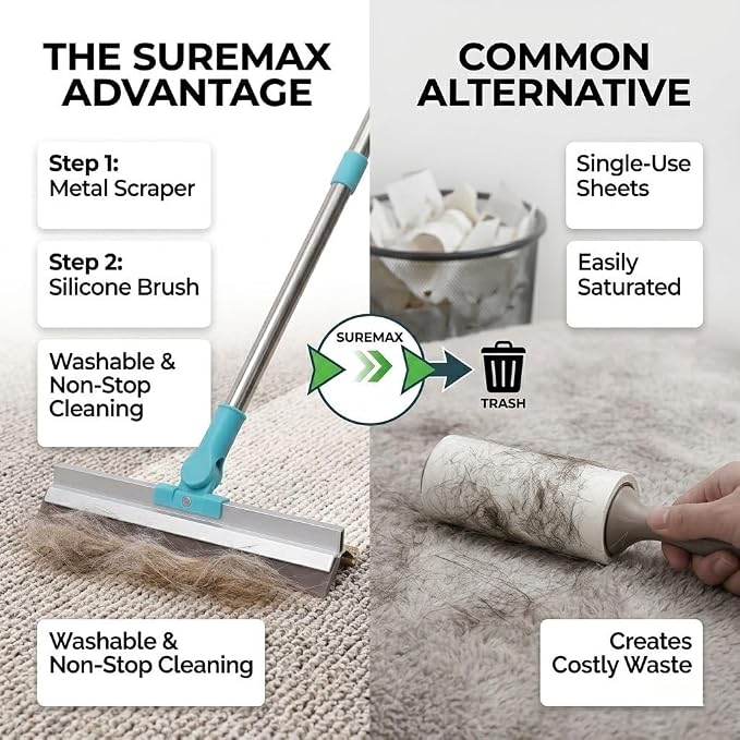 SUREMAX 3-in-1 Pet Hair Remover Set, Carpet Rake for Pet Hair with 54" Extendable Handle, Pet Grooming Glove & Lint Brush for Dogs Cats, Hair Removal Broom for Carpets, Rugs, Couch, Clothes, Furniture