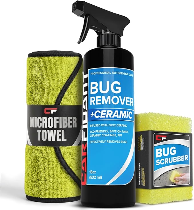 Carfidant Bug Remover for Cars Exterior - Car Bug Cleaner Spray with Ceramic Coating - Removes Bug Splatter & Bird Poop - Safe on Paint, Glass, Plastic, Metal - Windshield Pre Wash - 18 fl oz + Sponge