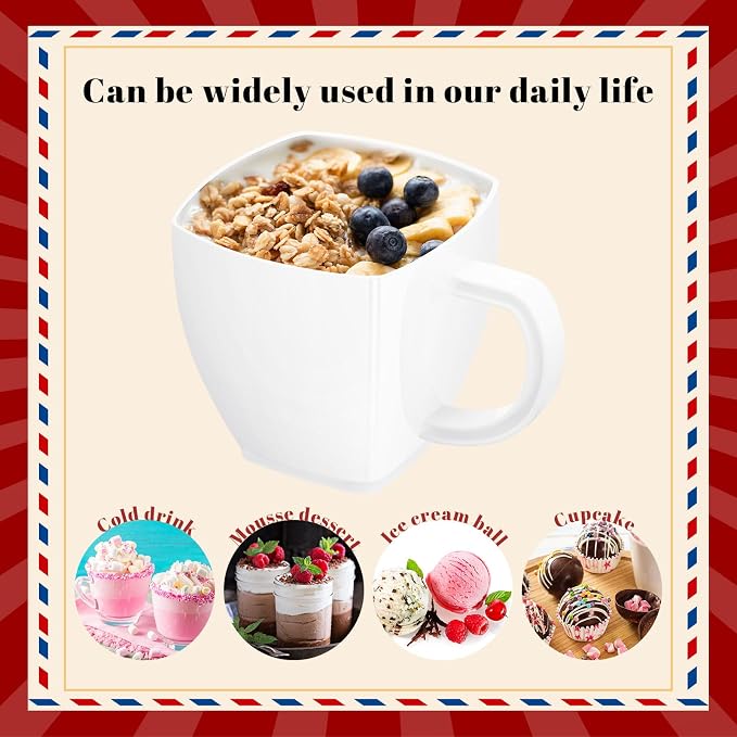 Amyhill 50 Pcs 5 oz Disposable Tea Cups Bulk with Handle Mini Hard Plastic Coffee Mug Square Disposable Espresso Cups for Tea Party Wedding Catering Dessert Sampling (White)
