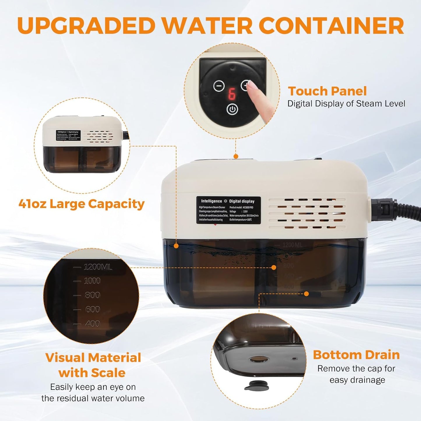 BEAMNOVA Car Steamer Steam Cleaner for Auto Detailing 1.2L (41oz) Water Container Handheld Steam Machine for Cleaning Portable High Pressure Multipurpose Steam Gun, Color Ivory