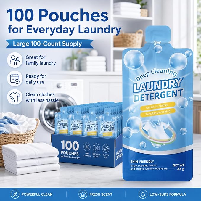 Loopeer 100 Pcs Individual Travel Laundry Detergent 0.88 oz Portable Liquid Detergent Packets for Sink Washing Travel Size Single Use Liquid Soap for Dorms Hotels Hostels Essentials Cleaning
